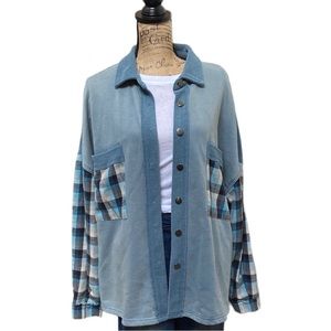 Pol blue/white plaid button down long sleeve oversized shacket